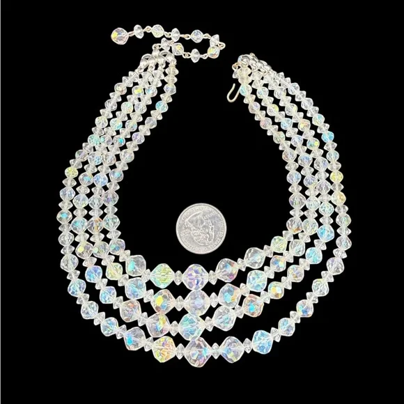 Vintage MCM Crystal Aurora Borealis Triple-Strand Necklace Rhinestone neck - Picture 5 of 9